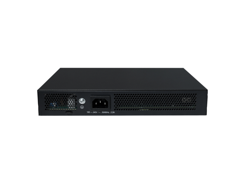 Black rectangular hpe cw 2150 8-port gigabit poe+ switch back with perforated ventilation grilles and power input port