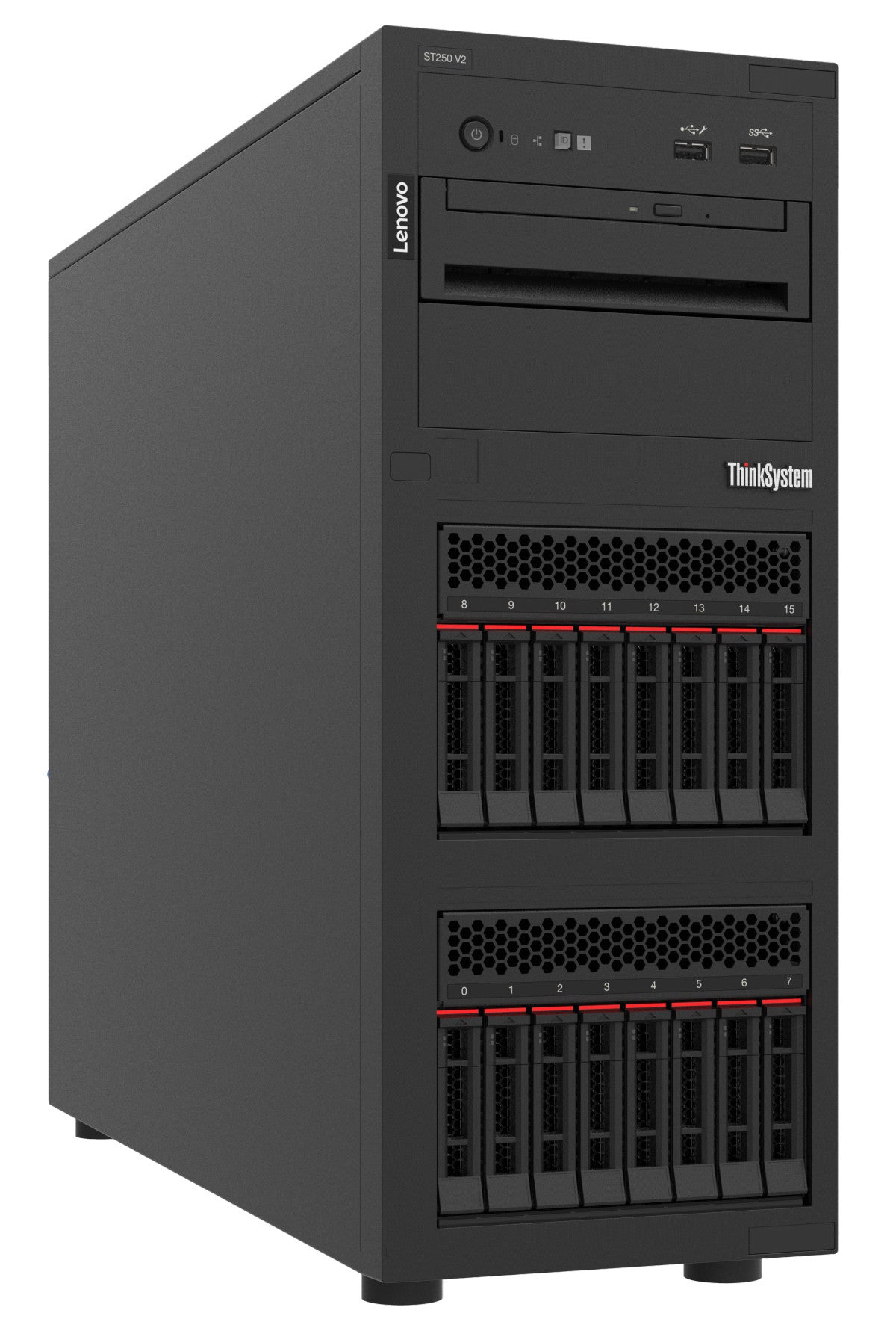 Lenovo ThinkSystem ST250 V2 black tower server with red drive bays