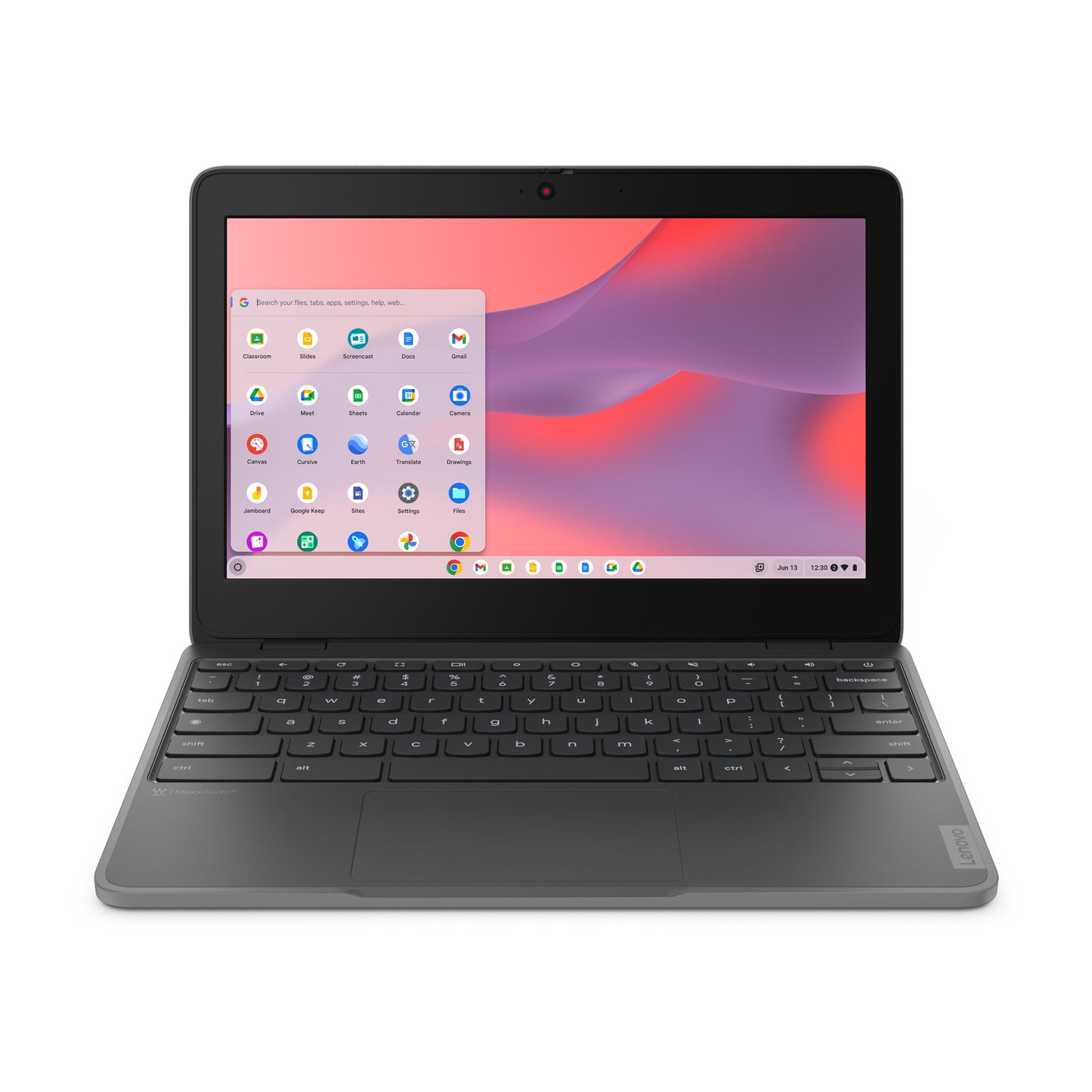 Black Lenovo 100e Chromebook Gen 4 with sleek minimalist design and integrated webcam above the 11.6 inch HD screen