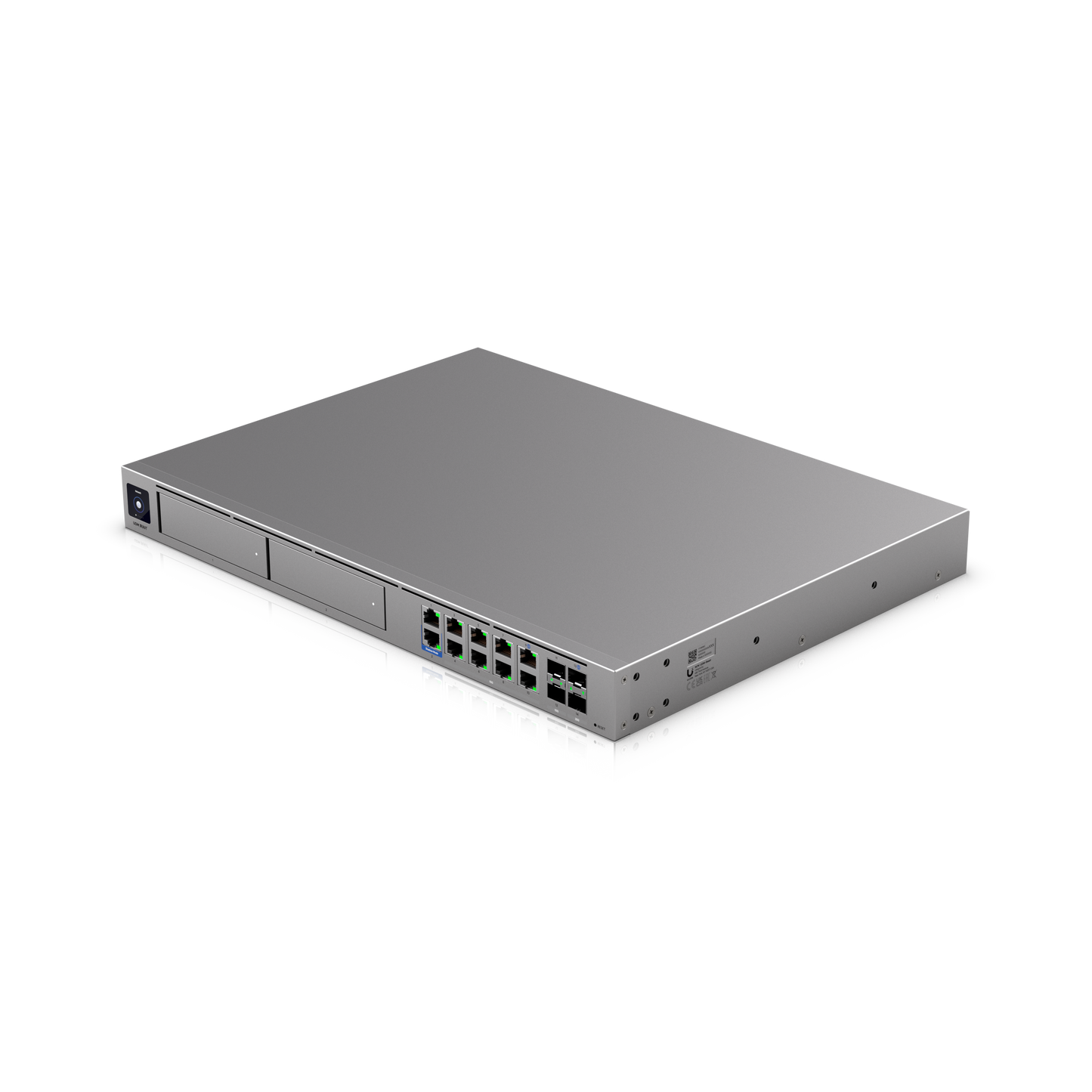 Silver metallic ubiquiti udm-beast server rack back with multiple ethernet ports and side power input for 25g ips gateway