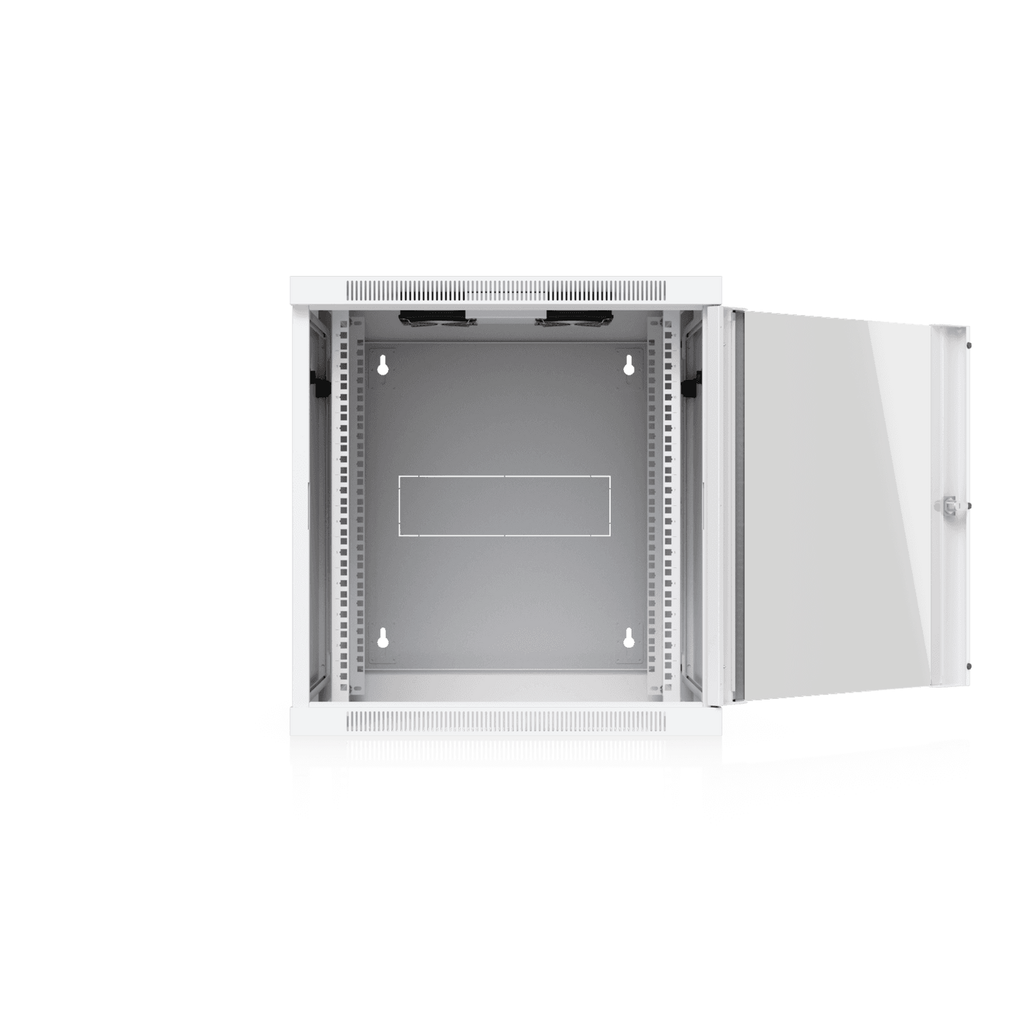 Ubiquiti UACC-Rack-12U-Wall-SW-G 12U wall mount swing cabinet with white rack and open glass door