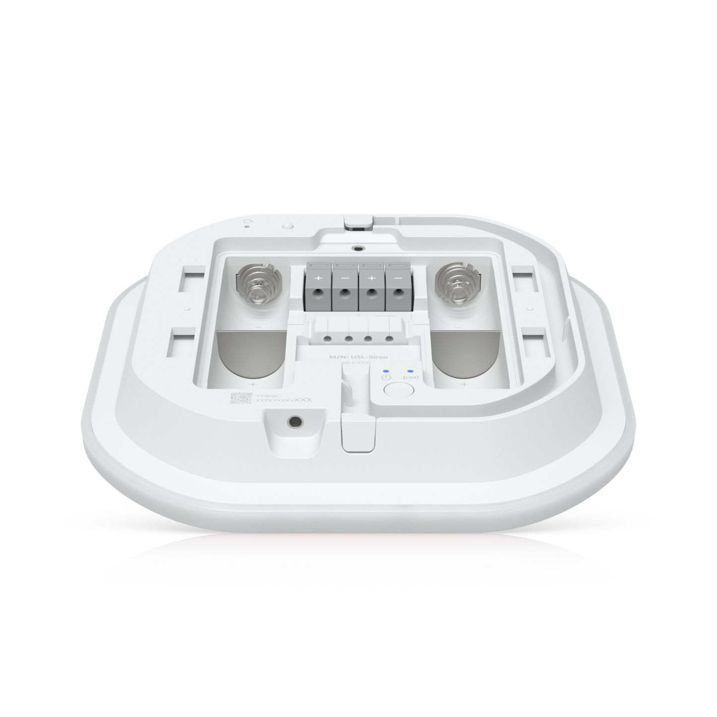 White plastic ceiling-mounted ubiquiti usl-siren wireless access point with integrated brackets and internal component slots