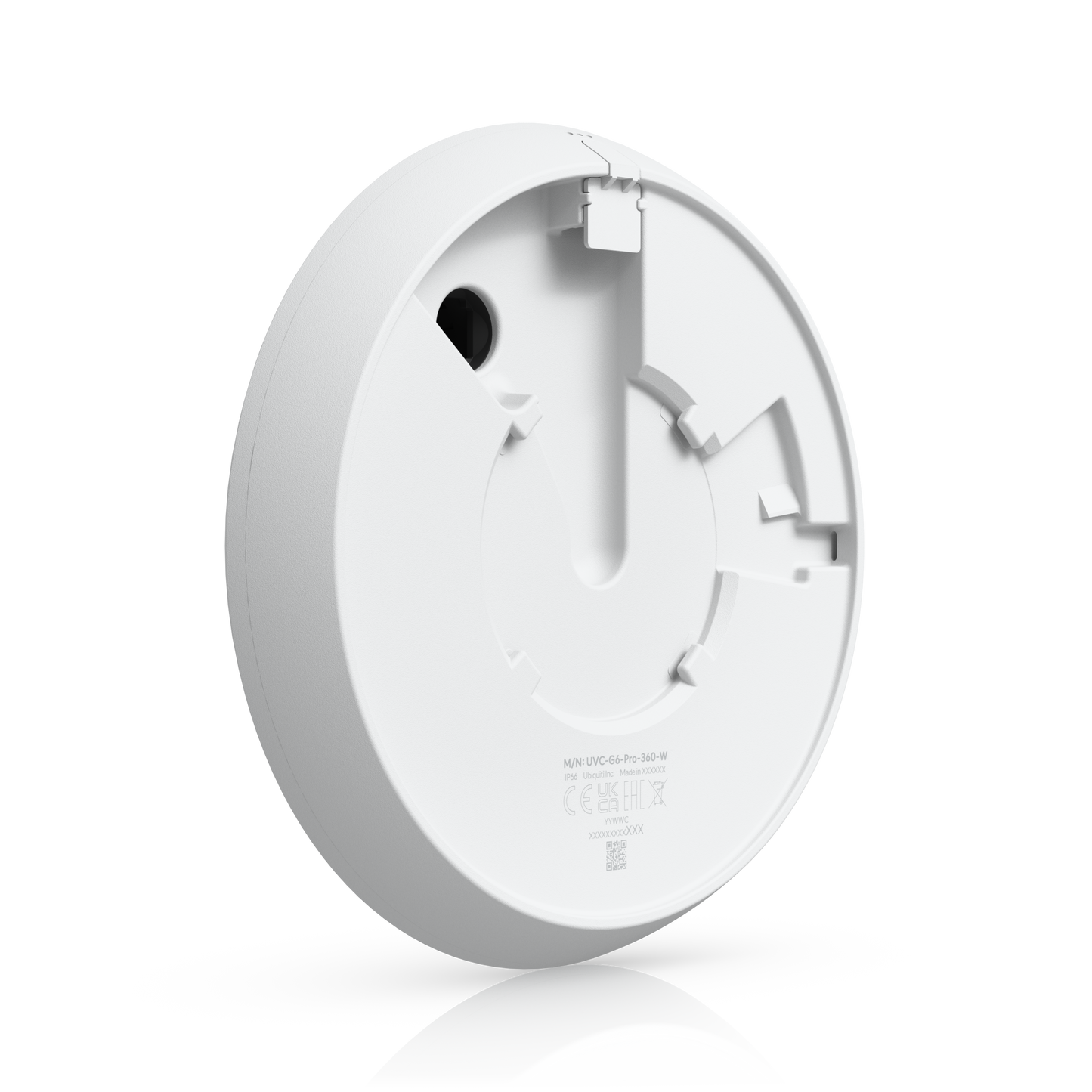 Back of white Ubiquiti UVC-G6-Pro-360-W router with minimalist design