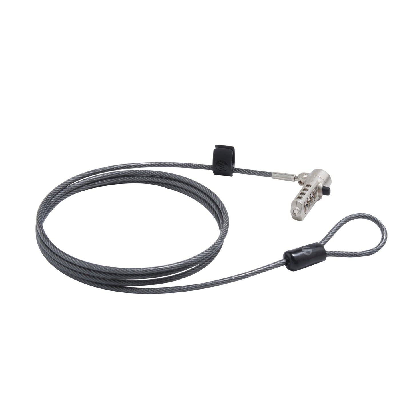 Gray steel nano combination cable lock with silver 4-digit resettable lock and black plastic end caps 1.8m length