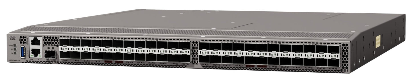 Gray cisco catalyst 9500 series switch with rectangular design and multiple ethernet ports front panel for network use