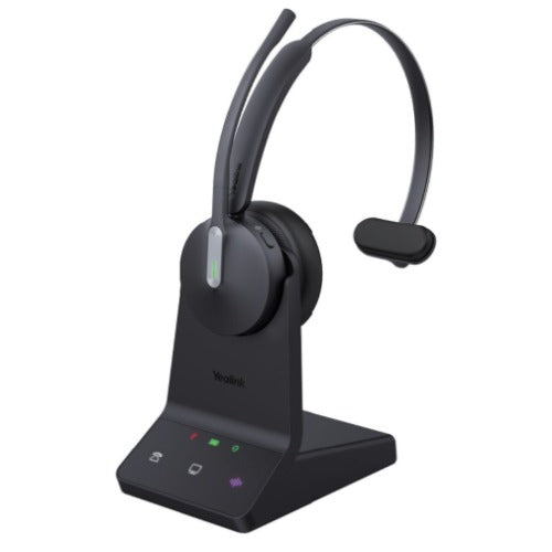 Black wireless yealink wh64 hybrid mono uc headset with sleek ergonomic design and illuminated charging base