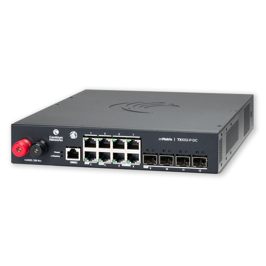 Cambium Networks MXTX1012GXPA20 | cnMatrix TX1012-P-DC Managed L2/L3 Switch, 12 x 1GbE PoE Ports, 240V