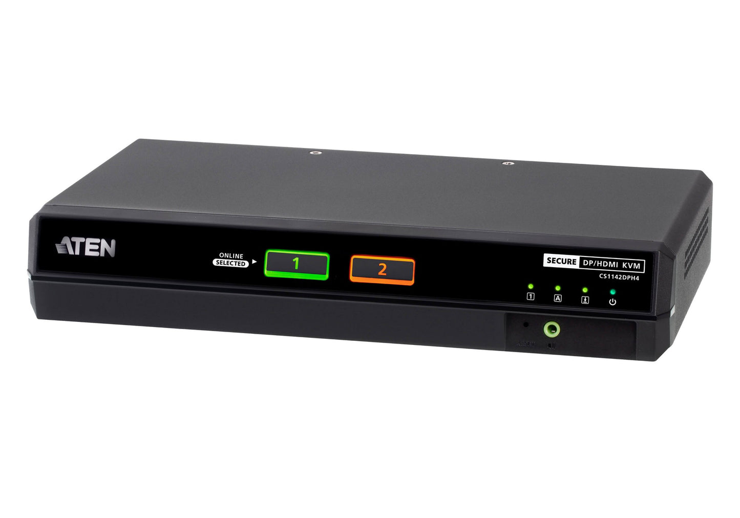 Black aten cs1142dph4 secure 2-port dual display dp hdmi kvm switch with illuminated green and orange selection buttons