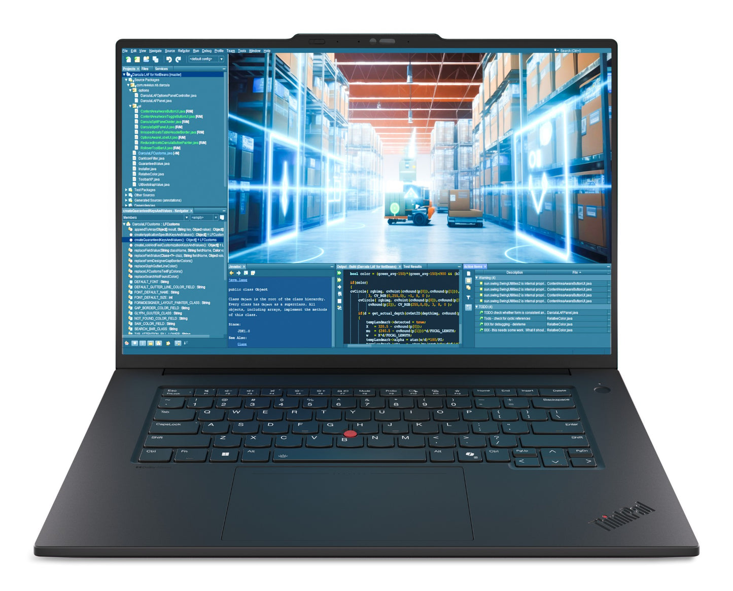 Black Lenovo ThinkPad P1 Gen 8 laptop with code on vibrant 16in WUXGA display
