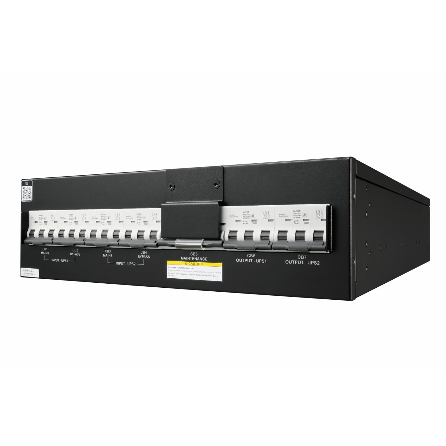APC SRTGPK01 black metal server rack with white circuit breakers and labeled switches