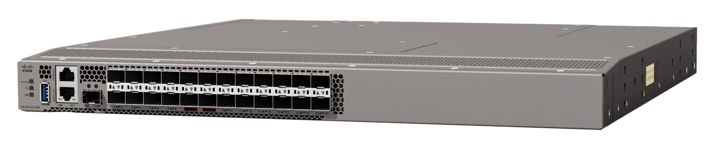 Gray metal HPE S1V09A SN6710C 24-port active fibre channel switch with multiple ethernet and usb ports front panel