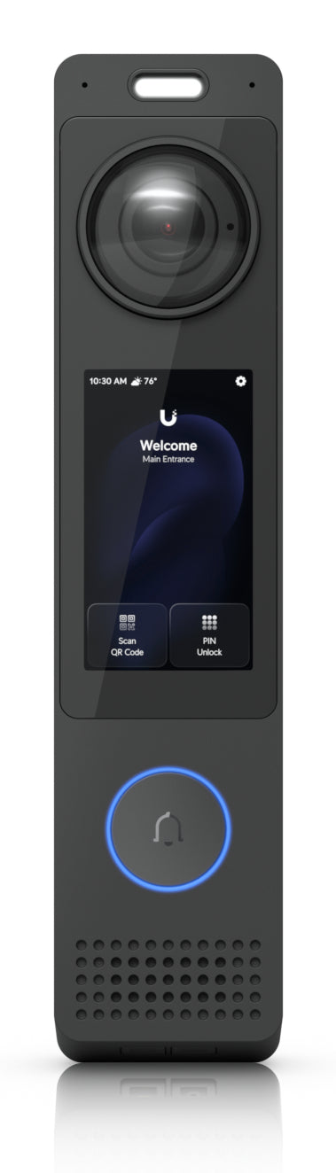 Black sleek ubiquiti uvc-g6-pro-entry video doorbell with 12mp ai camera, 3 inch touchscreen, and glowing blue bell button