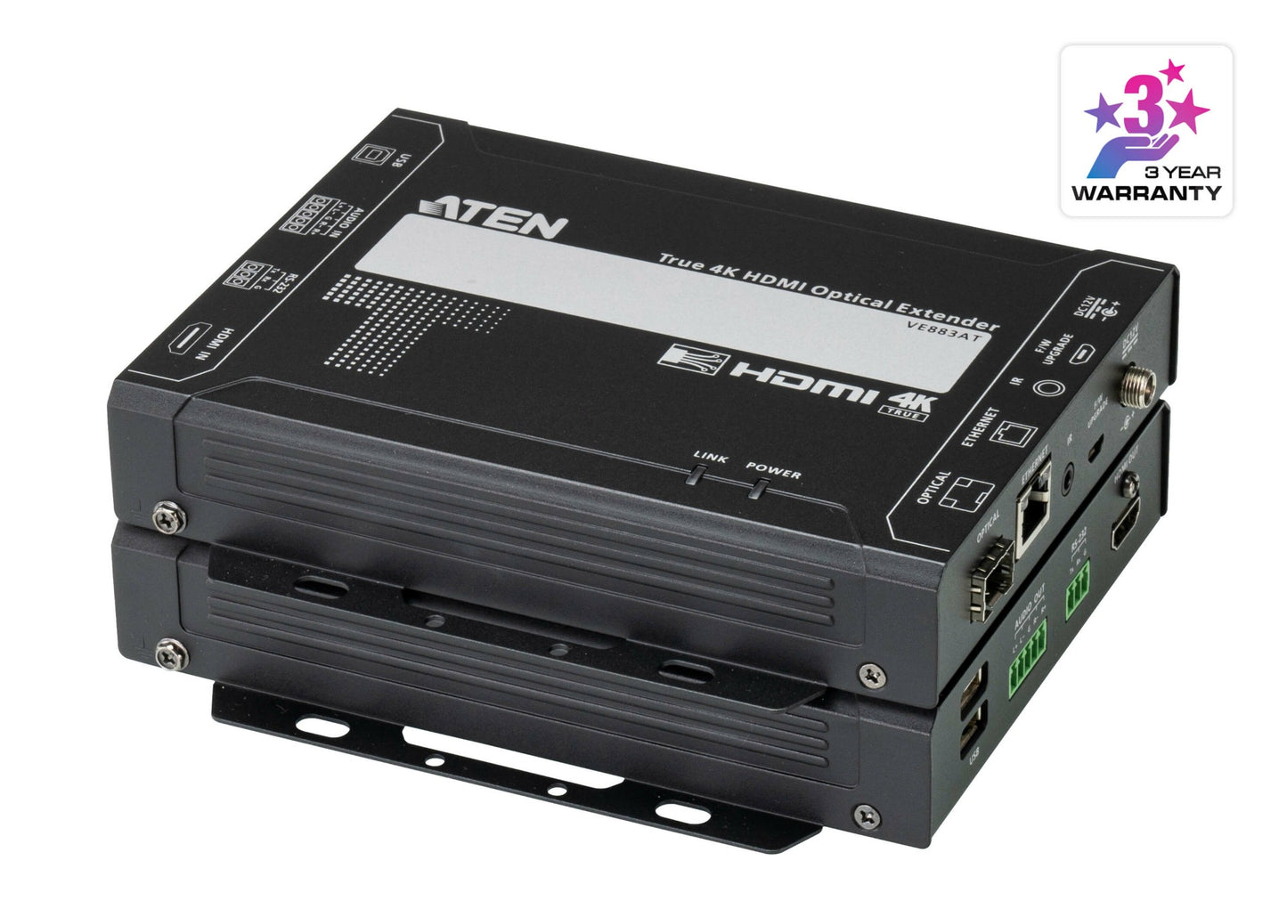 ATEN VE883A True 4K HDMI optical extender kit rear view with ports