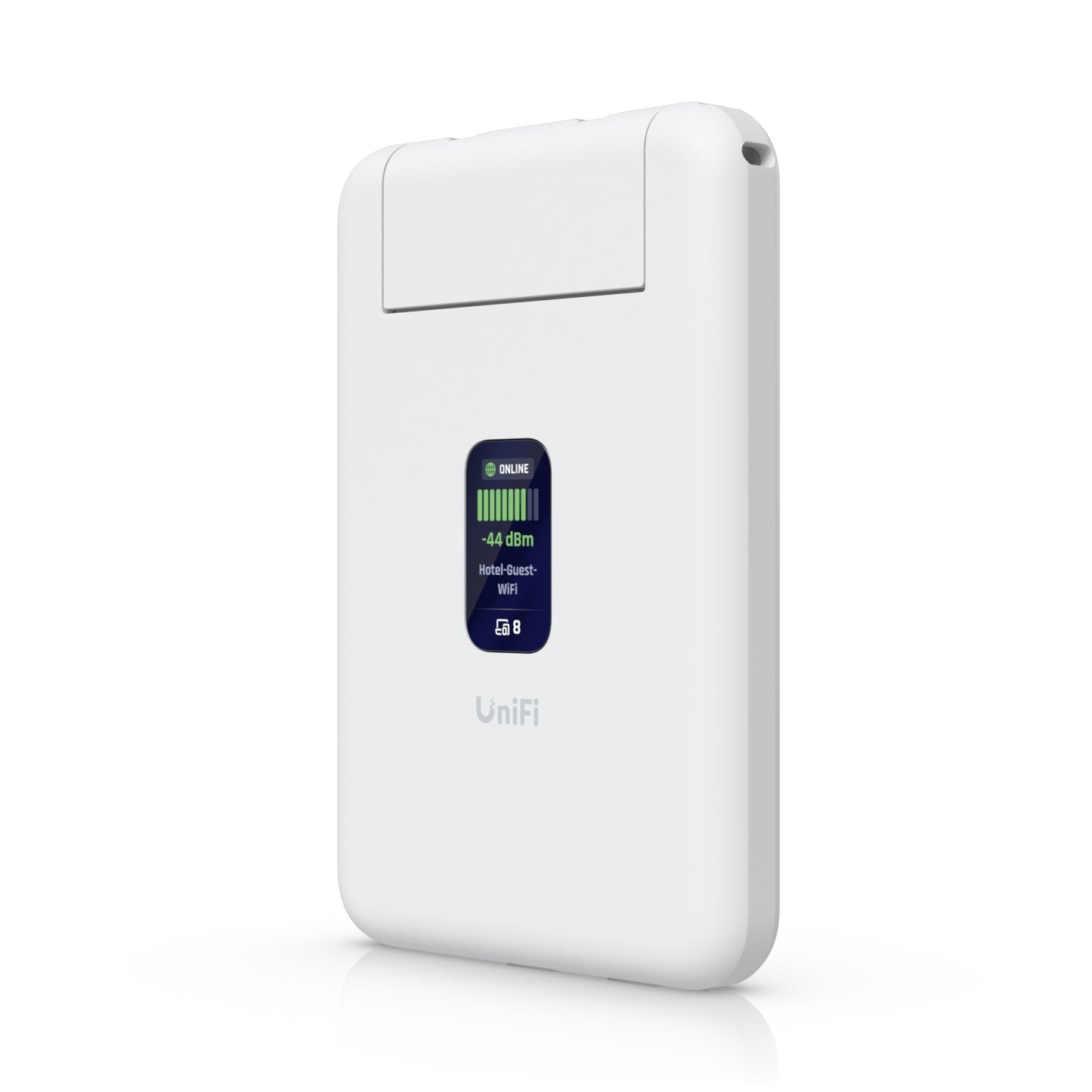 White Ubiquiti UniFi UTR travel router hotspot with display showing signal