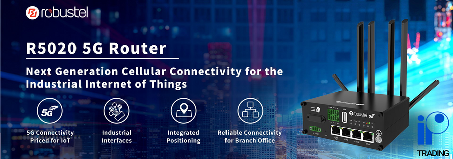 Black Robustel R5020 5G router with antennas and Ethernet ports
