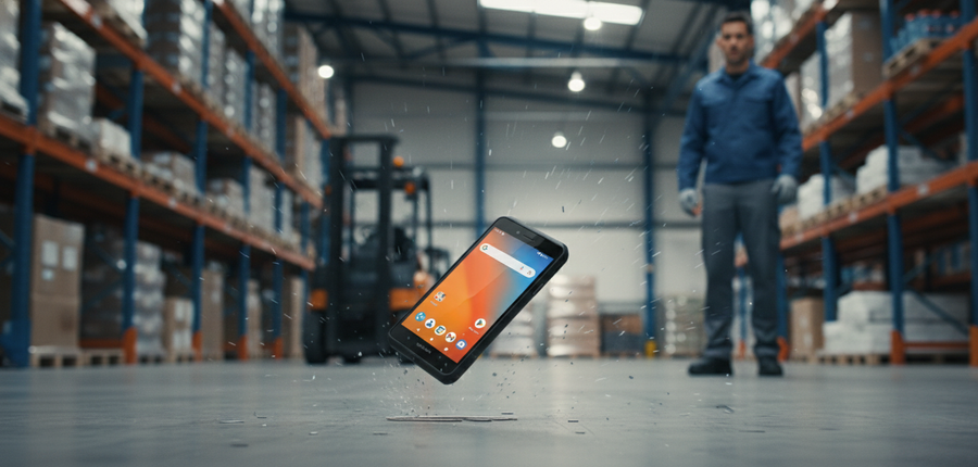 Black rugged smartphone with orange Spectralink interface and case