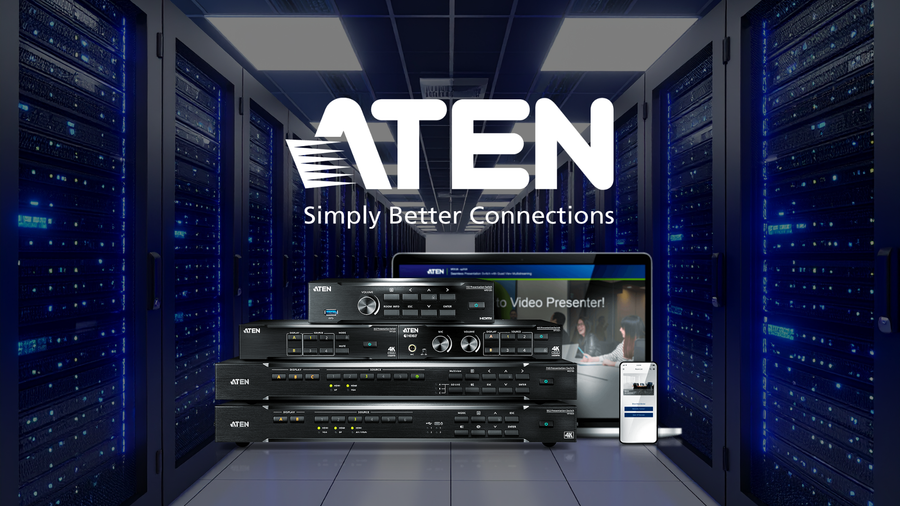 Stacked Black ATEN video switchers in server room for ATEN partnership