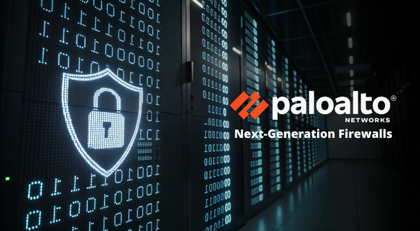 A glowing digital shield emblem with a padlock on server racks illustrating palo alto firewall sizing guide 2026