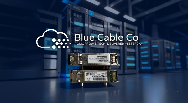 Silver-colored fiber optic sfp-40g-sr transceivers with black labels from blue cable co in compatibility guide article