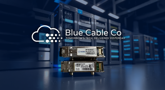 Silver-colored fiber optic sfp-40g-sr transceivers with black labels from blue cable co in compatibility guide article