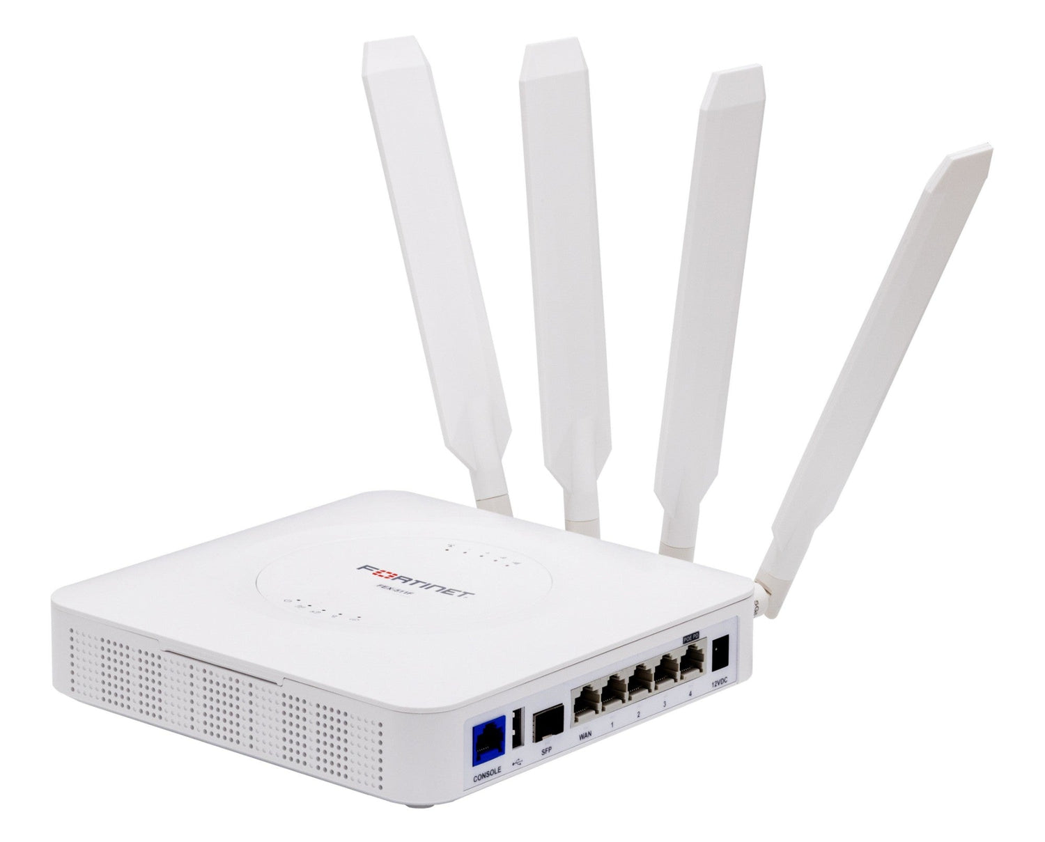 White Fortinet FEX-511F wireless WAN extender with antennas and Ethernet ports