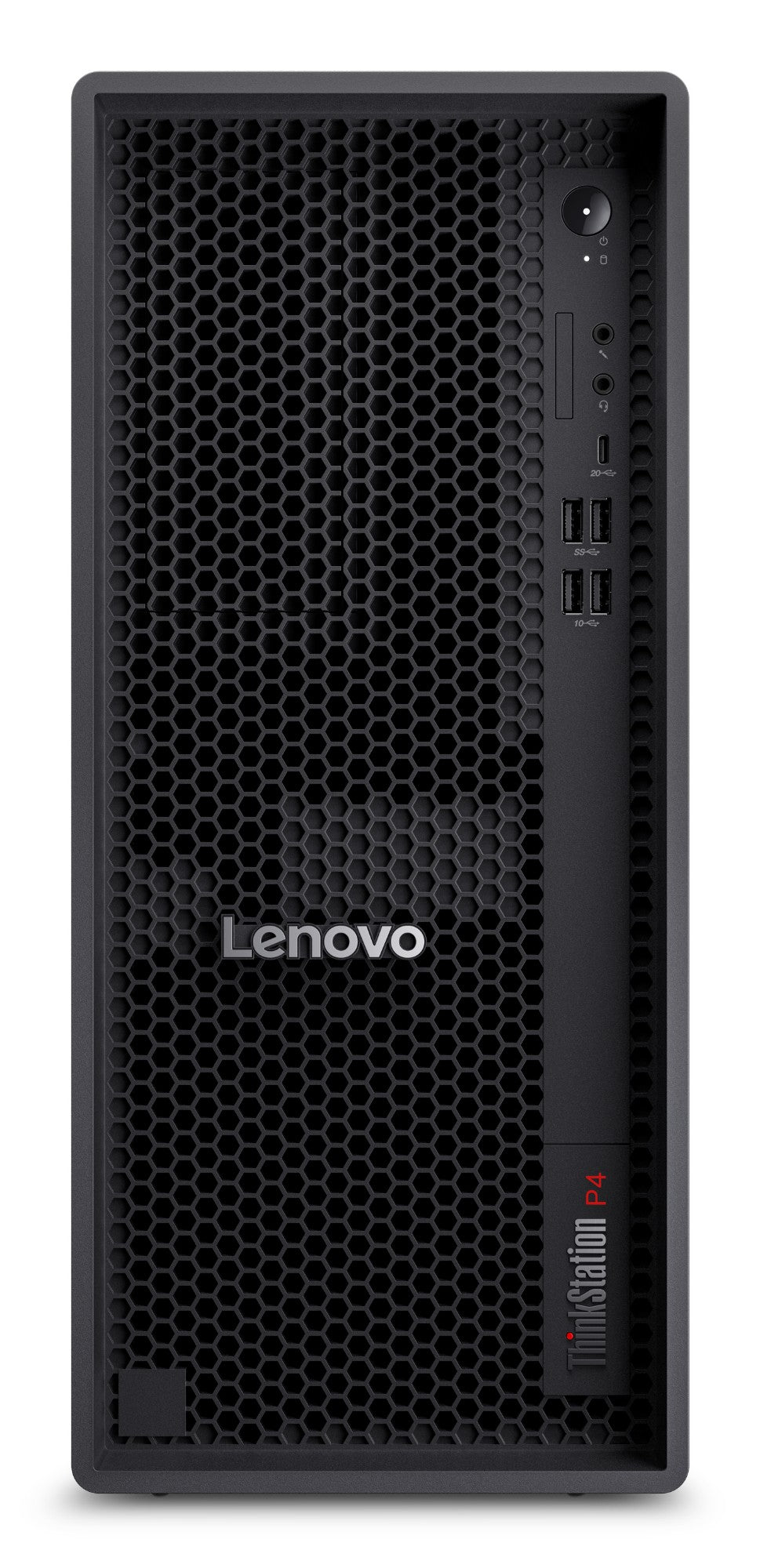 Black Lenovo ThinkStation P4 tower workstation with honeycomb front panel and side USB ports featuring Ryzen 7 PRO and 64GB DDR5