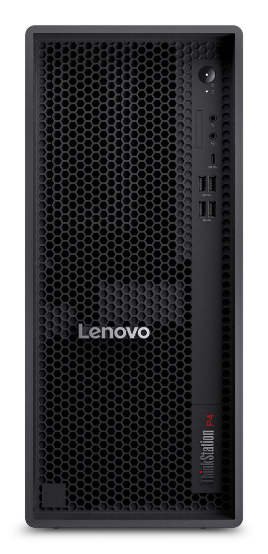 Black Lenovo ThinkStation P4 tower workstation with honeycomb front panel and side USB ports featuring Ryzen 7 PRO and 64GB DDR5