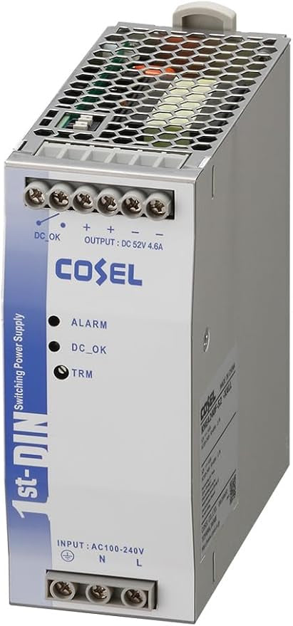 Silver metallic Allied Telesis AT-IE048-240-20 240W 48VDC industrial AC/DC DIN rail mount power supply with hexagonal grille