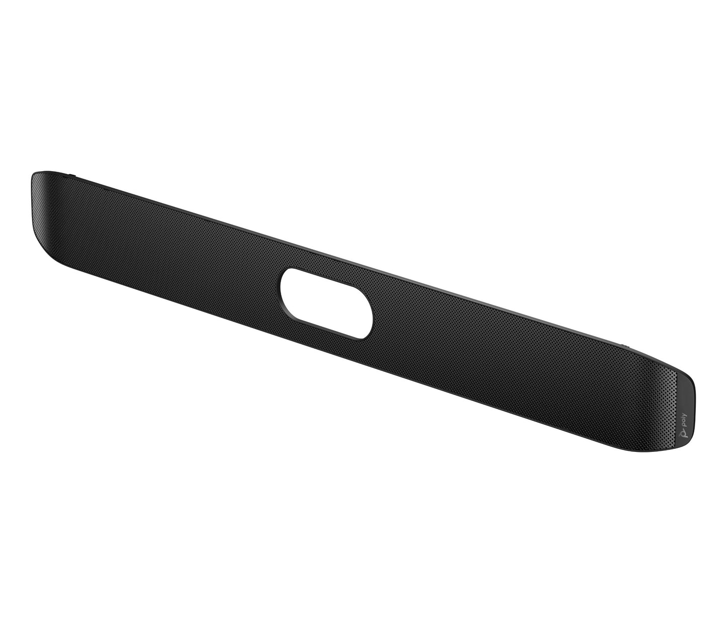 Black textured hp b29ygaa soundbar with sleek elongated design and oval cutout metal front panel accessory
