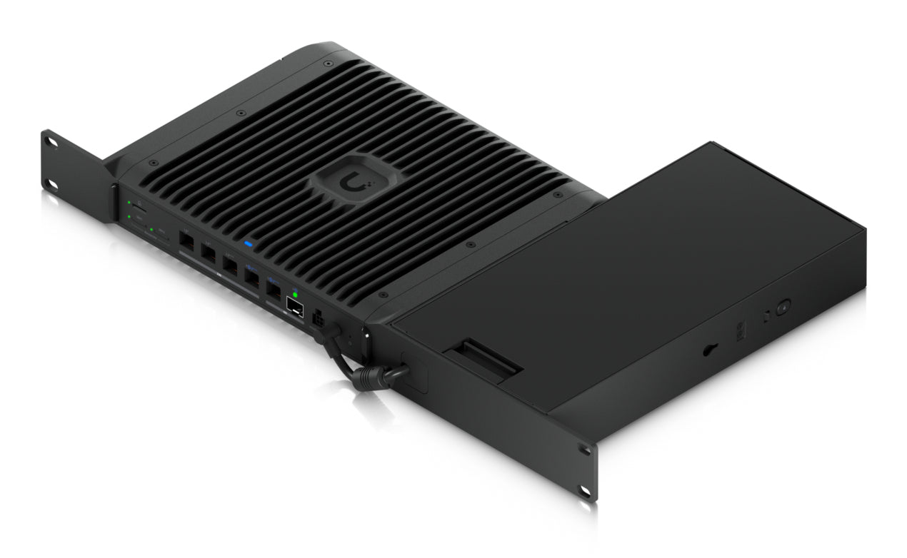 Black metal rack-mountable ubquiti uacc-ucg-industrial-rm network switch with ribbed heat sink for cloud gateway use