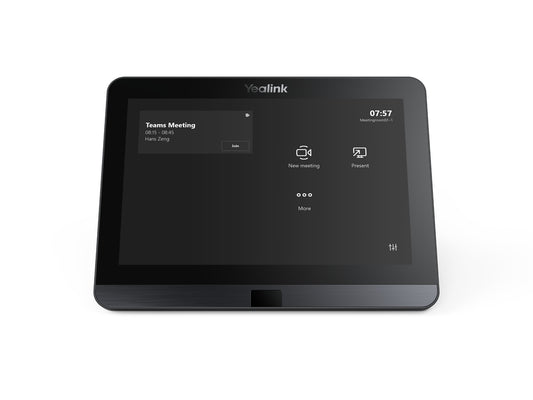 Black Yealink MTouch E2 video conferencing tablet with 8-inch touchscreen and meeting options for MVC series