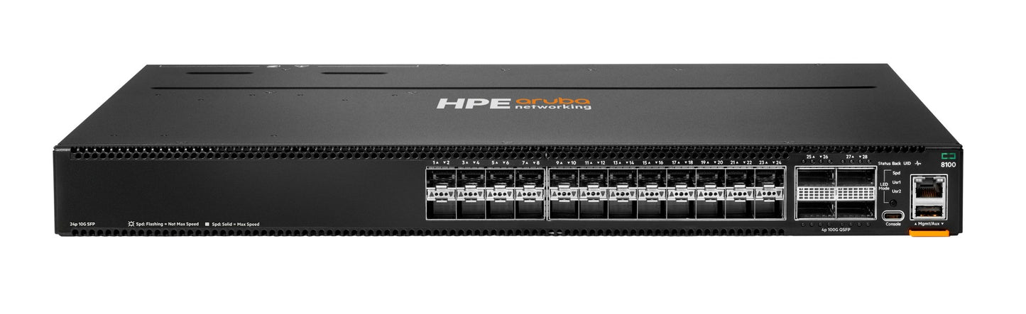 Aruba R9W87A | CX 8100 24x10G SFP+ Ports, 4x40/100G QSFP28 Uplinks, 3 Fans, 2 AC PSU