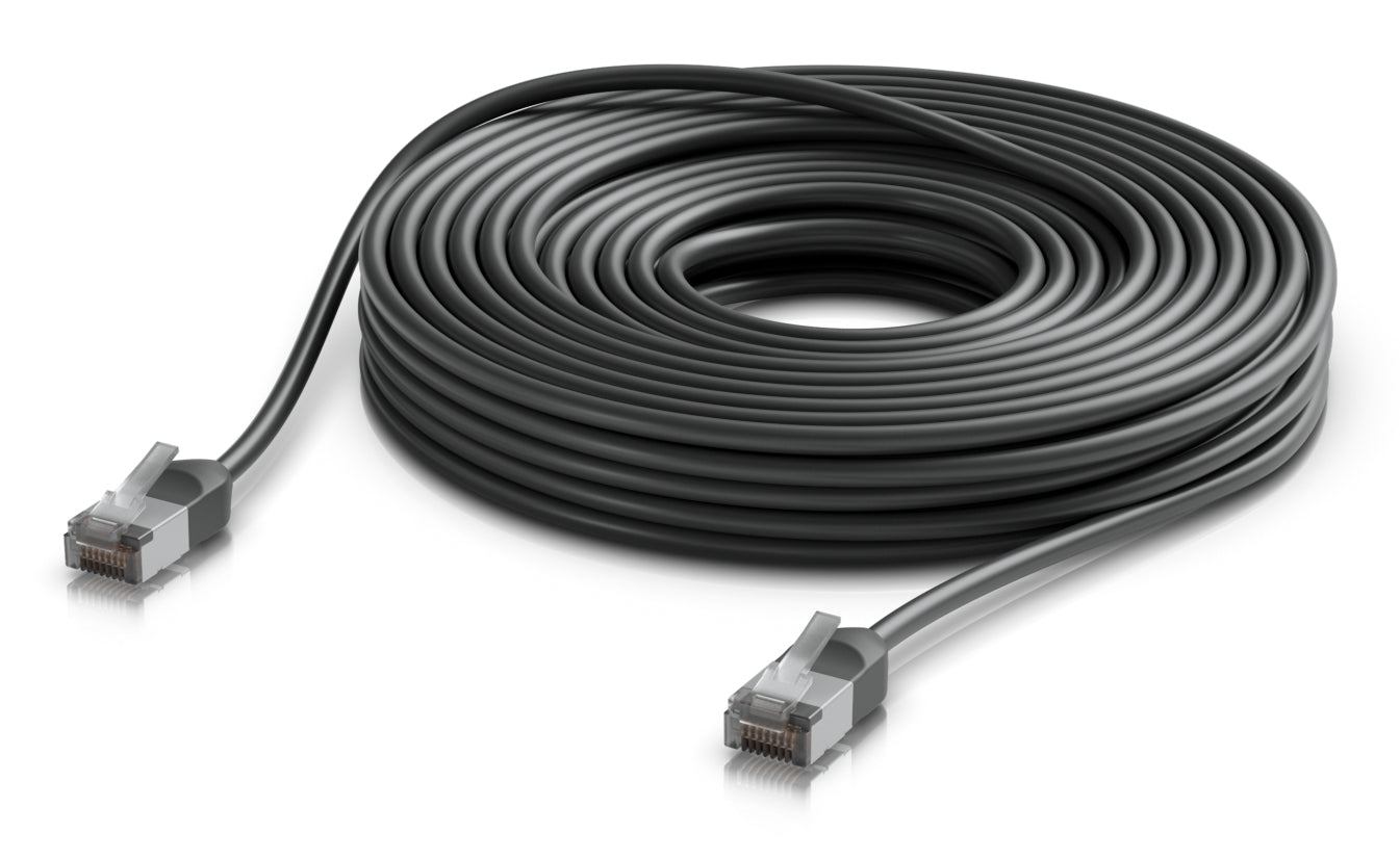 Black ubiquiti outdoor cat6a patch cable with gray connectors coiled neatly for 10g network use 15m length