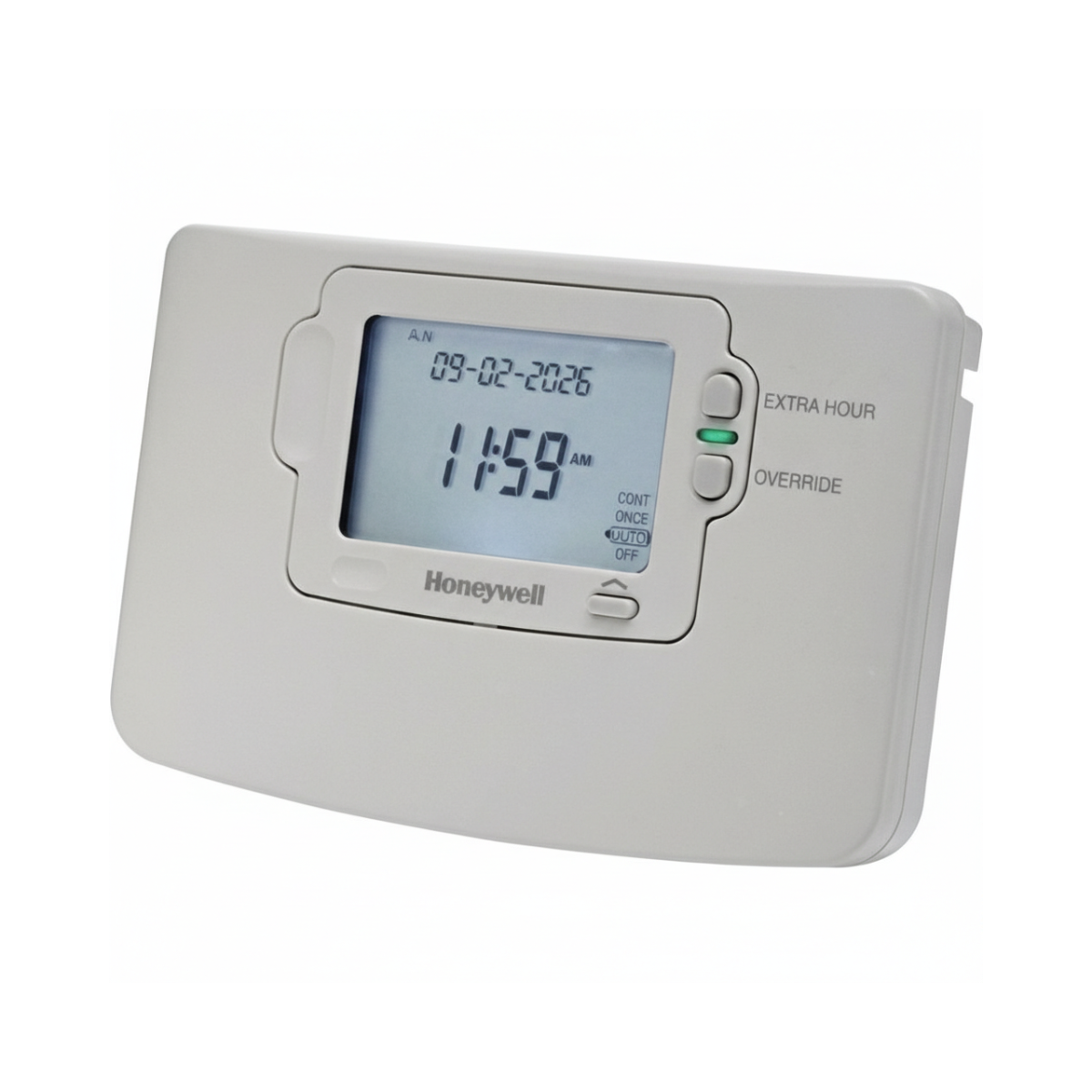 White Honeywell thermostat with rectangular display showing time and date