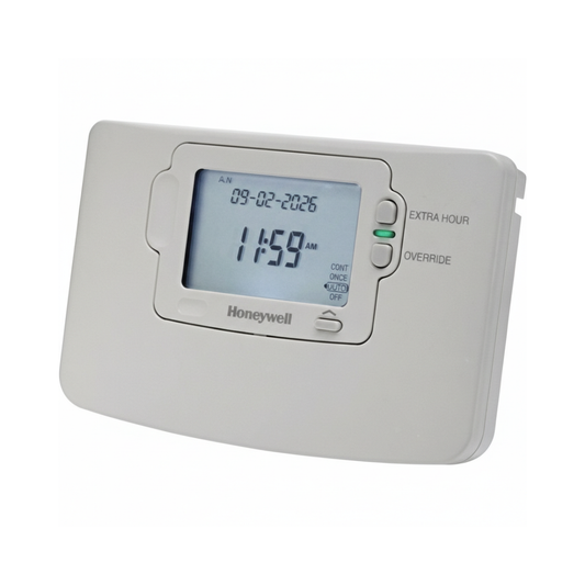 White Honeywell thermostat with rectangular display showing time and date