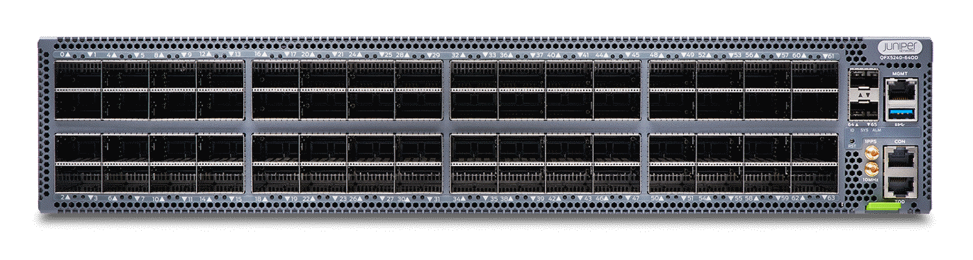 Backside of gray metal juniper qfx5241 64x800gbe osfp data centre switch with black network ports and ventilation holes