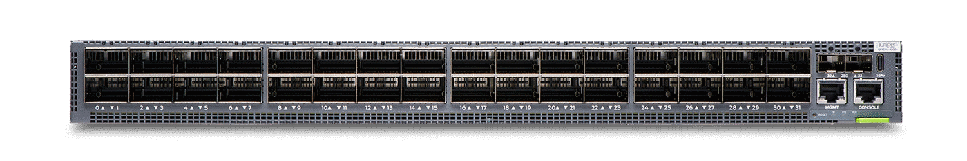 Cisco catalyst 9500 series switch metallic gray with rows of ports and indicator lights shown with juniper qfx5241 32x800gbe data centre switch