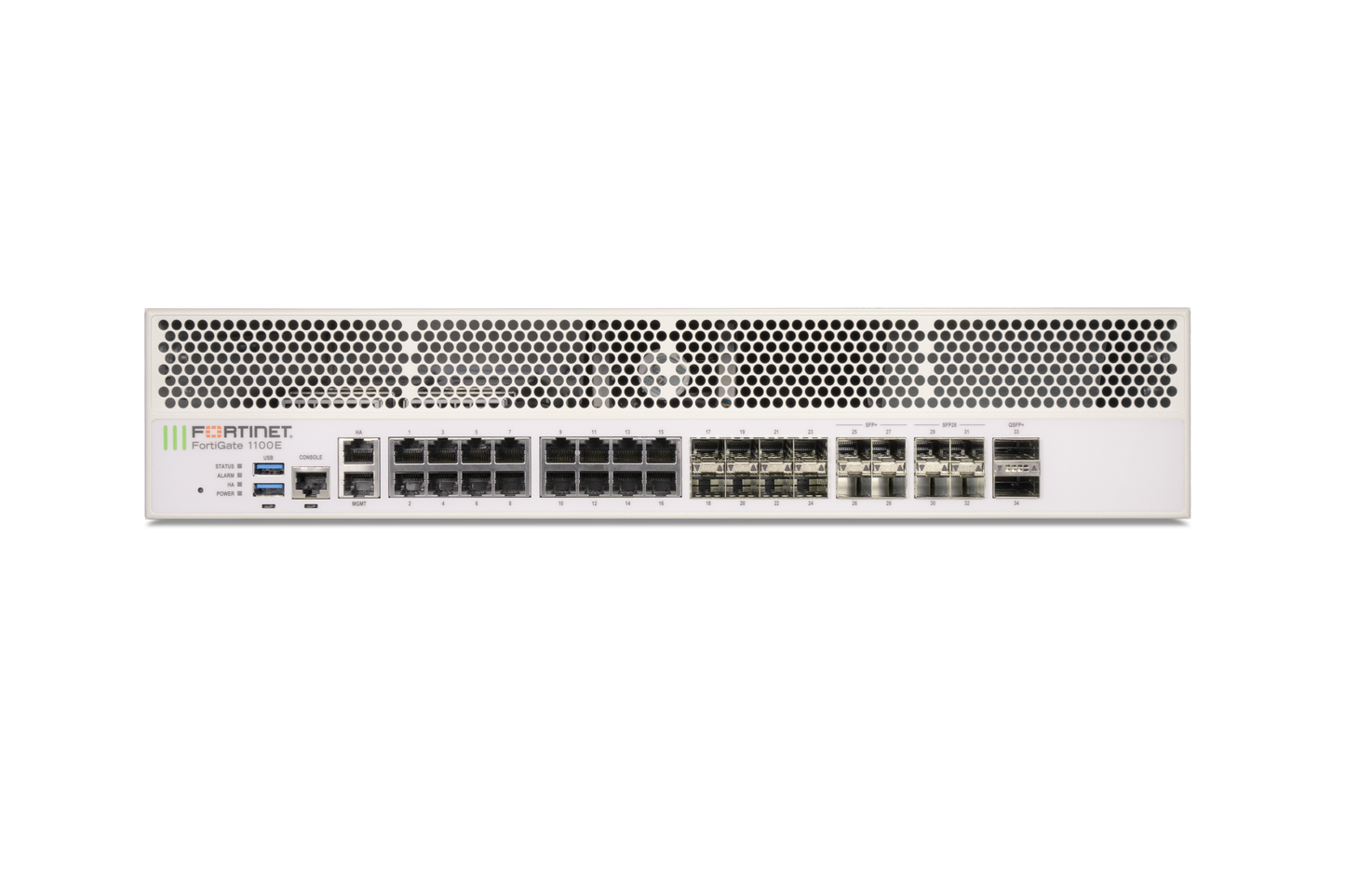 White Fortinet FG-6025F switch with perforated panel and Ethernet ports on FG-1100E-DC