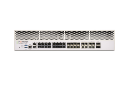 White Fortinet FG-6025F switch with perforated panel and Ethernet ports on FG-1100E-DC