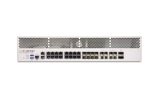 White Fortinet FG-6025F switch with perforated panel and Ethernet ports on FG-1100E-DC
