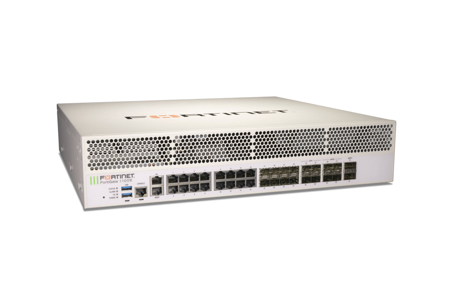 White Fortinet FortiGate 1100E-DC with perforated front panel and ports