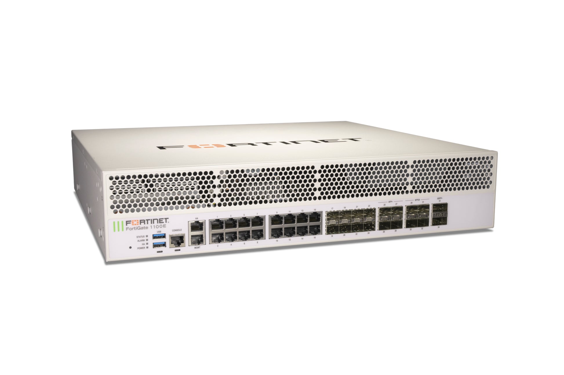 White Fortinet FortiGate 1100E-DC with perforated front panel and ports