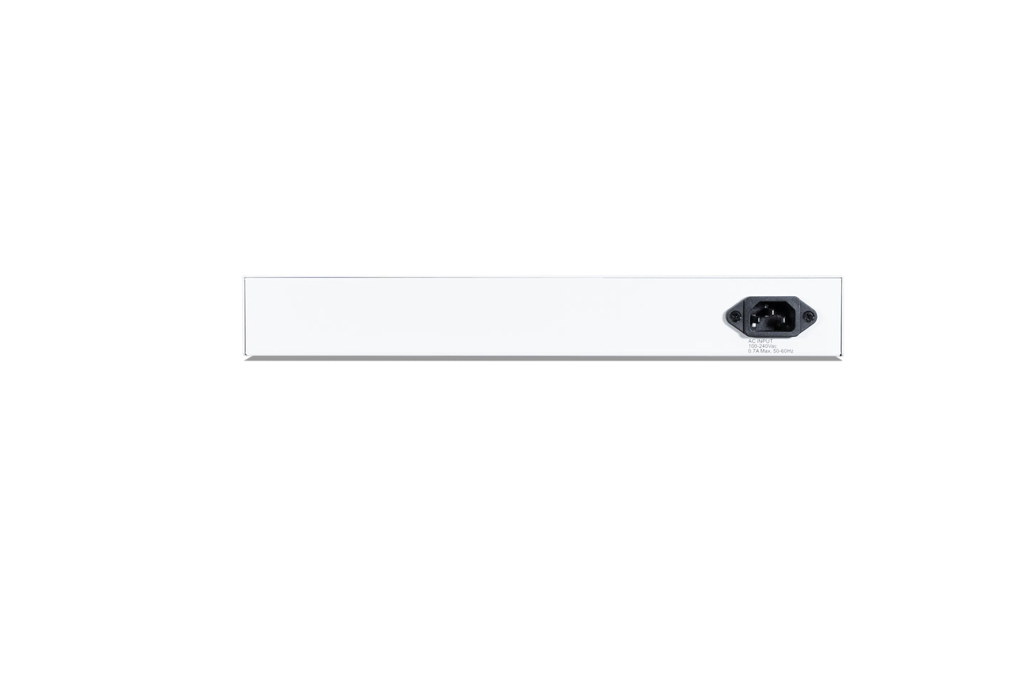 Back of Fortinet FortiSwitch-124F fanless switch with white PSU and black IEC connector