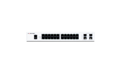Fortinet FortiSwitch-124F white fanless switch with black Ethernet ports