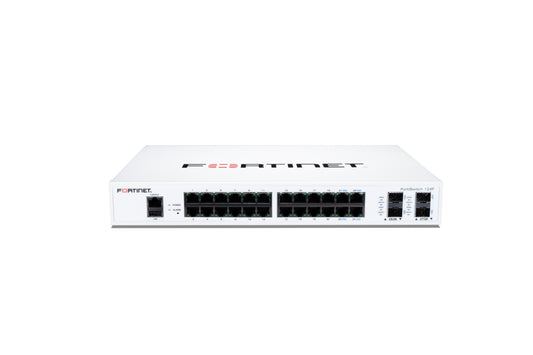 White Fortinet FortiSwitch-124F 24-port network switch with 1G RJ45 and 10G SFP+ ports