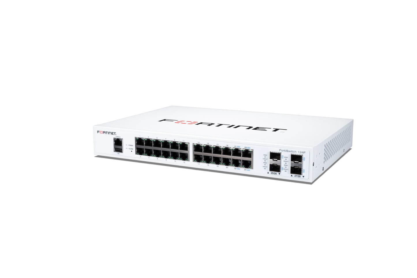 White Fortinet FortiSwitch-124F with 24x1G RJ45 and 4x10G SFP+ ports