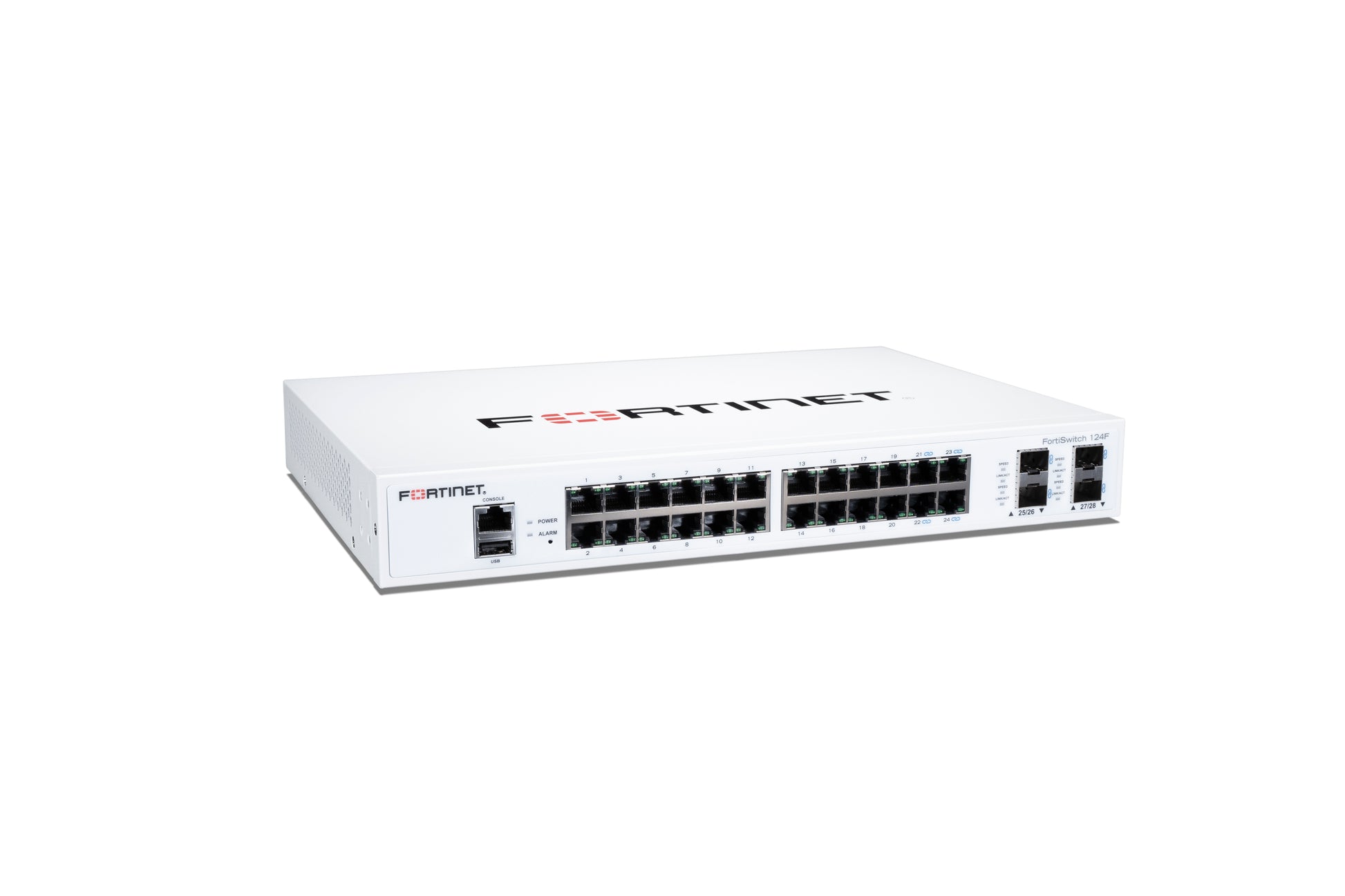 White Fortinet FortiSwitch-124F with 24x1G RJ45 and 4x10G SFP+ ports
