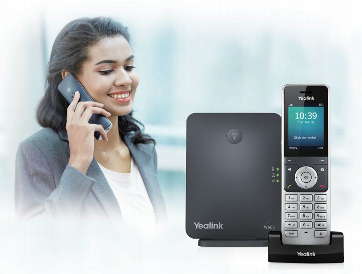 Black Yealink W40B cordless DECT IP phone with silver keypad and display