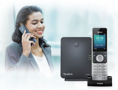 Black Yealink W40B cordless DECT IP phone with silver keypad and display