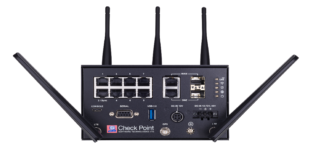 Black Check Point 1570R security appliance with antennas and ports